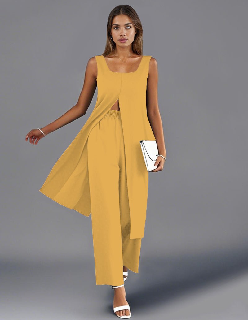Sleeveless split-top pants set in yellow, long top with split back and straight pants