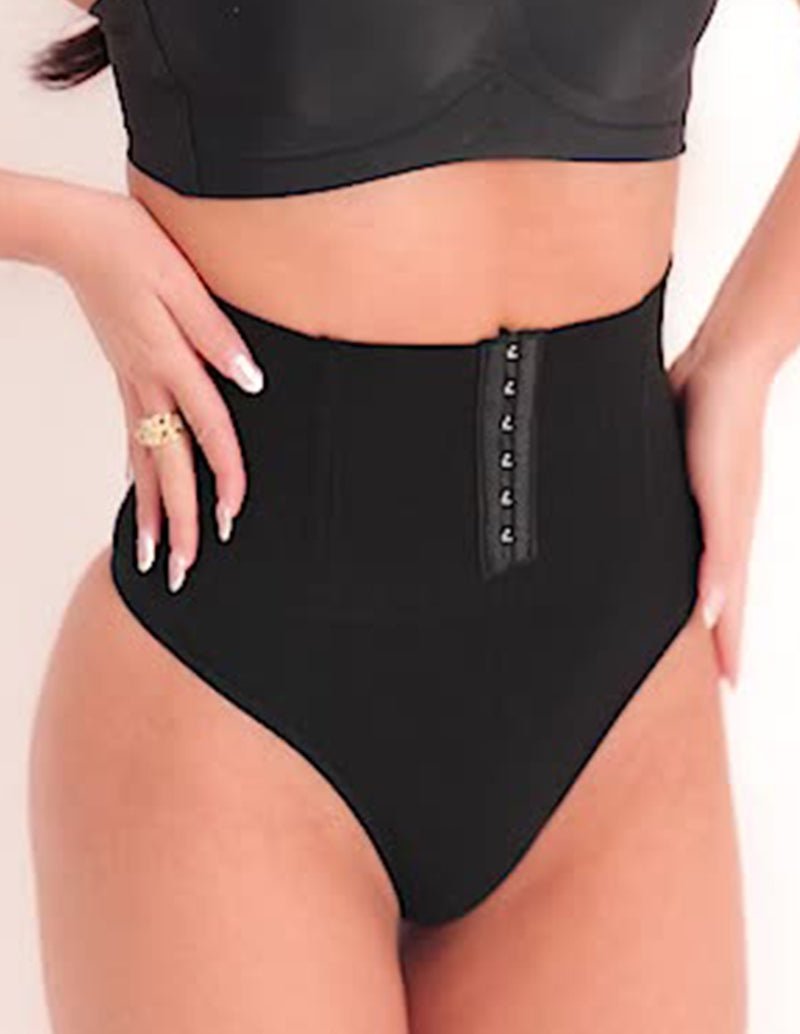 Black high-waist shapewear brief with front hook closure and curved leg openings.