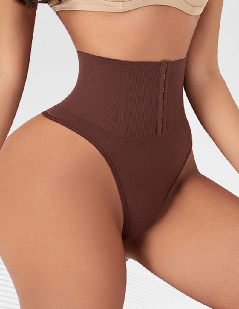 Brown high-waist shapewear brief with front hook closure and smooth sculpting panels.