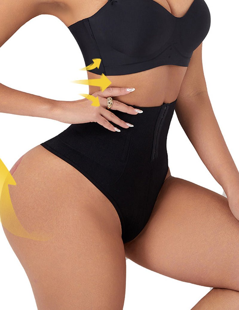 Black high-waist shapewear brief with front hook closure, shown from side angle.