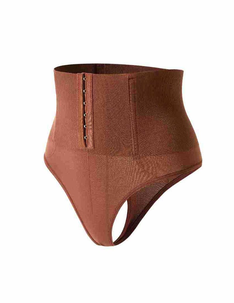 Brown high-waist shapewear brief with front hook closure and open leg design.