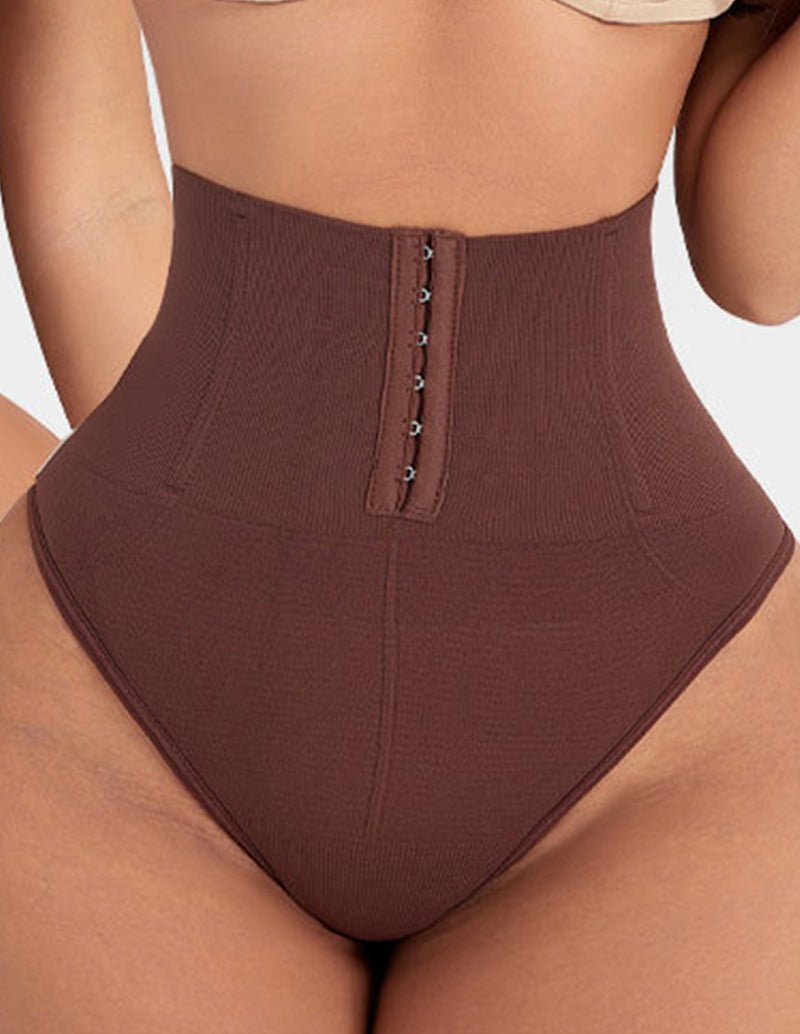 Brown high-waist shapewear brief with front hook closure and structured front panel.