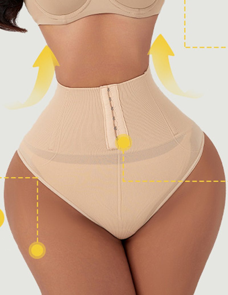 Beige high-waist shapewear brief with front hook closure and lightly textured fabric.