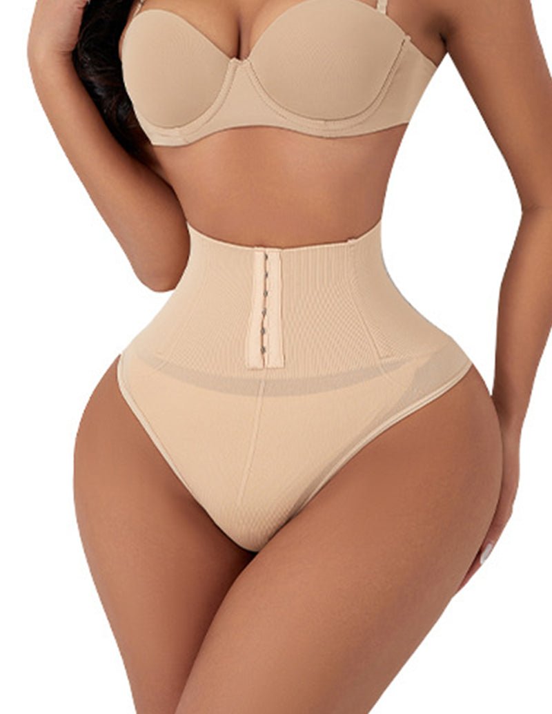 Beige high-waist shapewear brief with front hook closure and supportive mesh texture.