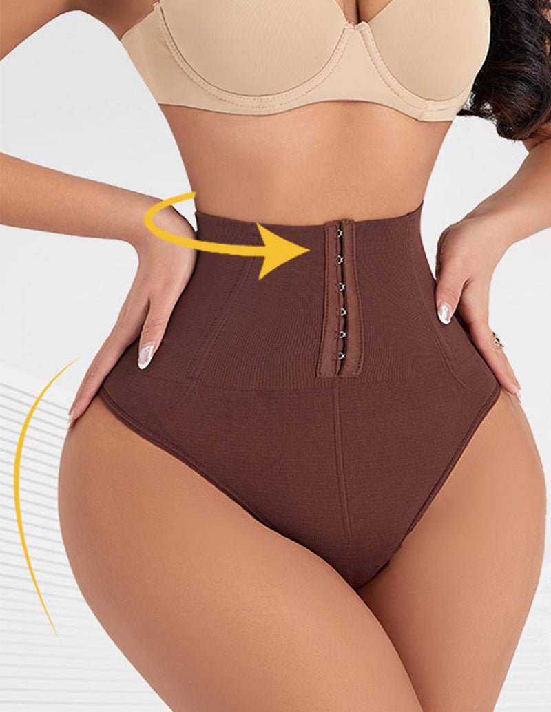 Brown high-waist shapewear brief with front hook closure, full front view on model.
