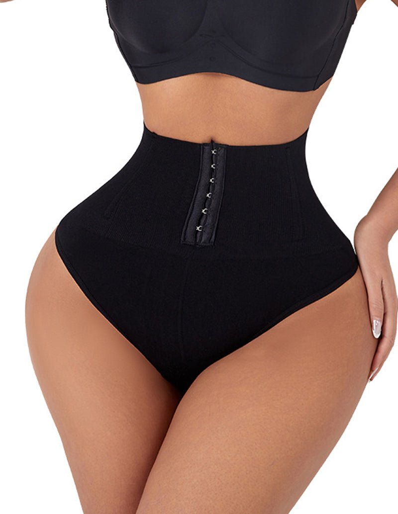 Black high-waist shapewear brief with front hook closure and seamless full-coverage fit.