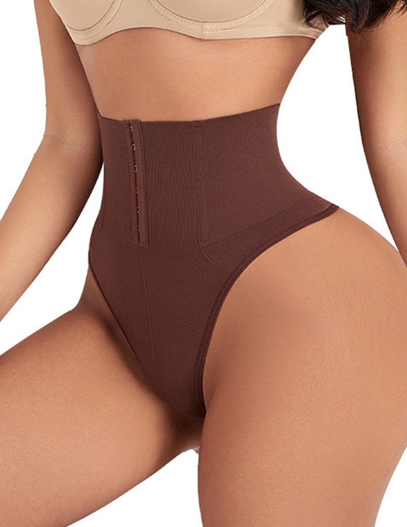 Brown high-waist shapewear brief with front vertical hook closure and smooth panels.