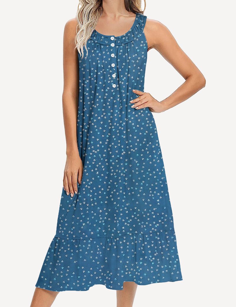 Sleeveless nightdress with pockets, dark teal blue with small print, button placket and ruffle neck