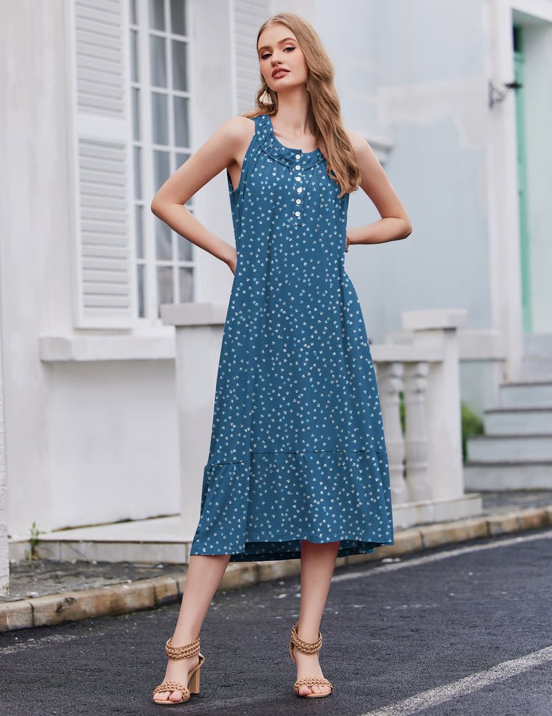 Ärmelloses blaues Kleid-Nachthemd mit feinem Allover-Muster und Knopfleiste