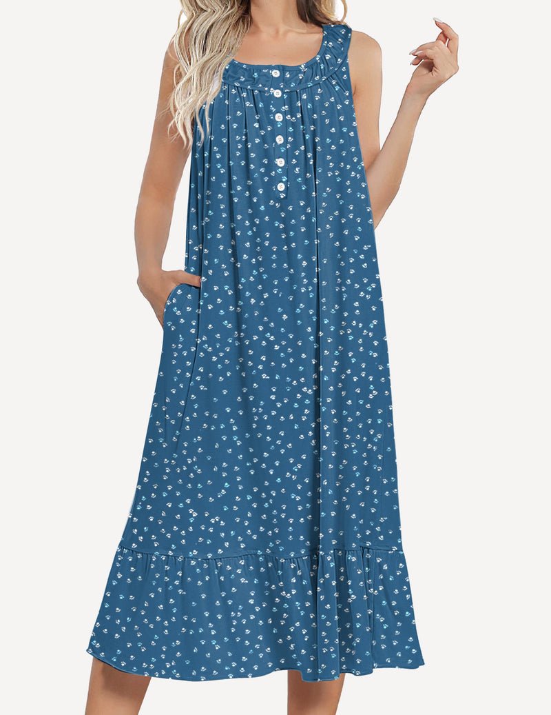 Sleeveless nightgown with pockets, teal blue micro print, button front and layered hem