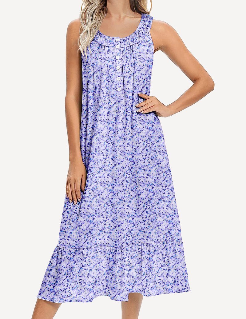 Sleeveless nightgown with pockets, purple floral print, button front and tiered skirt
