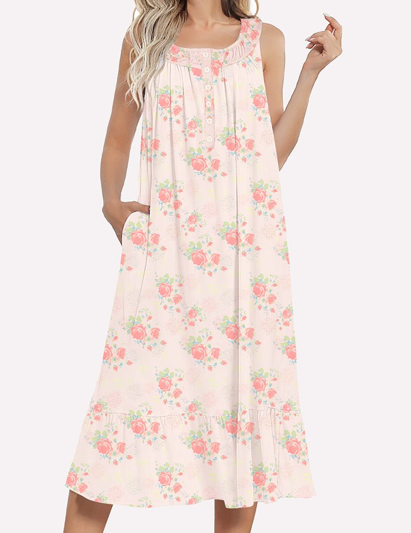 Floral sleeveless nightgown in pale pink with rose print and button-front yoke