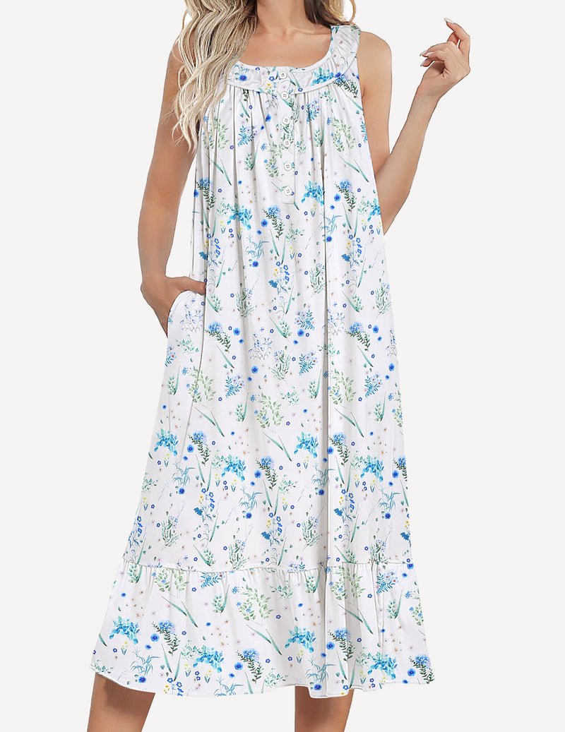 Floral sleeveless nightgown in white with blue flowers and ruffled button neckline