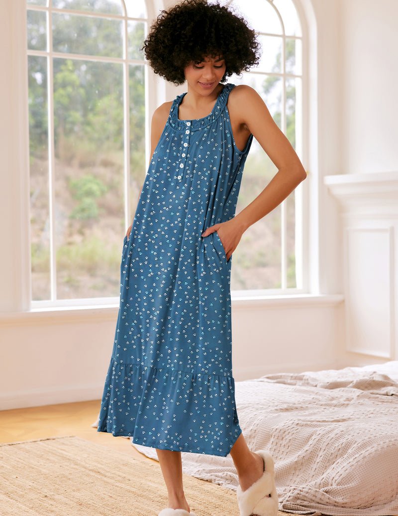 Sleeveless nightgown with pockets, teal blue with tiny print, button front and tiered hem