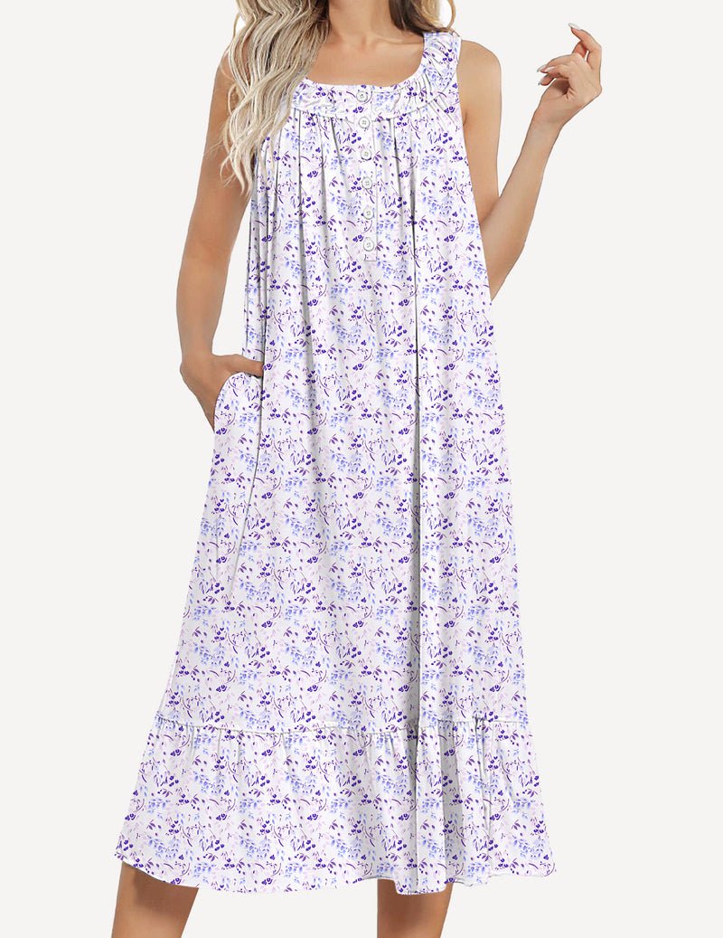 Sleeveless nightgown with pockets, purple floral print, button placket and gathered top yoke