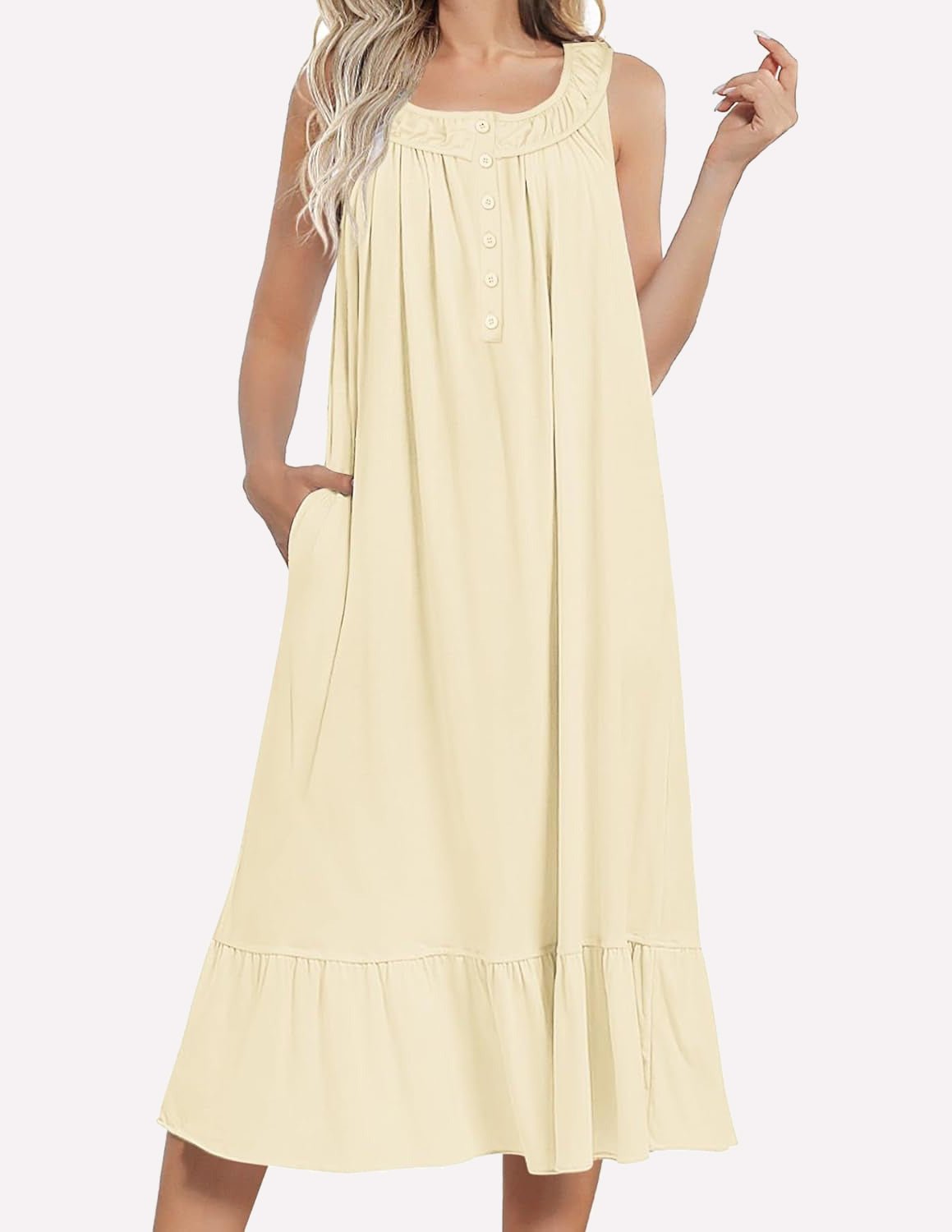 Sleeveless pale yellow nightgown with ruffled neckline and button-front detail