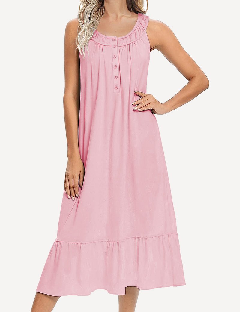 Sleeveless nightgown with pockets, soft pink, button front and gathered ruffle neckline