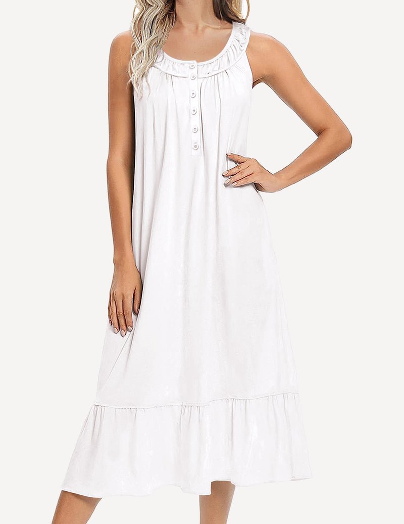 Sleeveless white nightgown with ruffled neckline and button front
