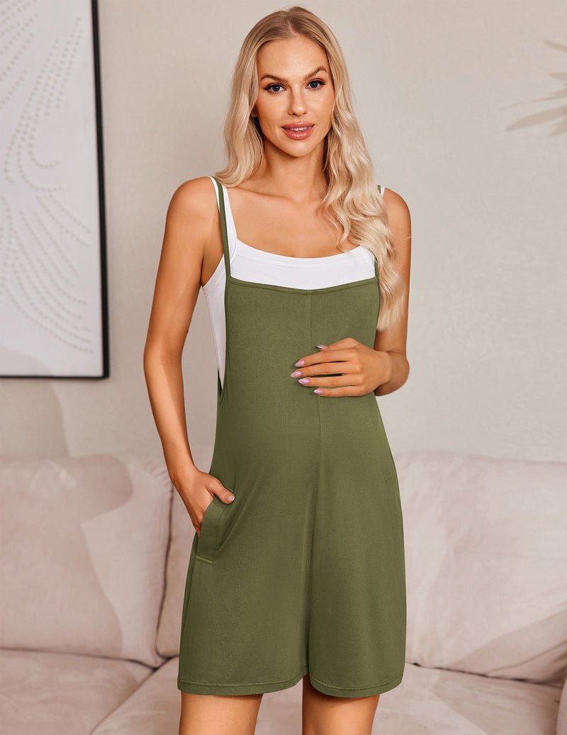 Olive green romper shorts with white-trim straps and square neckline