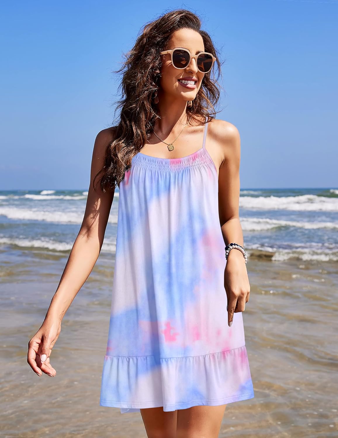 Light blue sleeveless chemise nightdress with pink tie-dye print and ruffle hem
