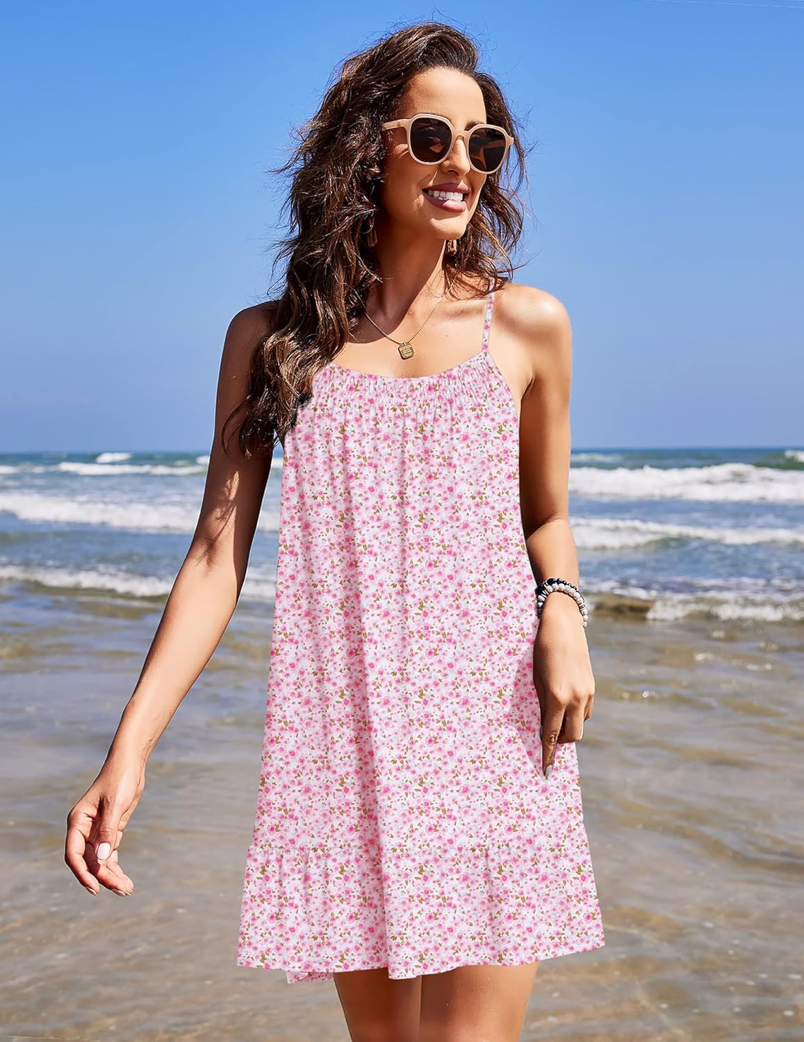 Pink floral chemise nightdress with spaghetti straps and tiered ruffle hem