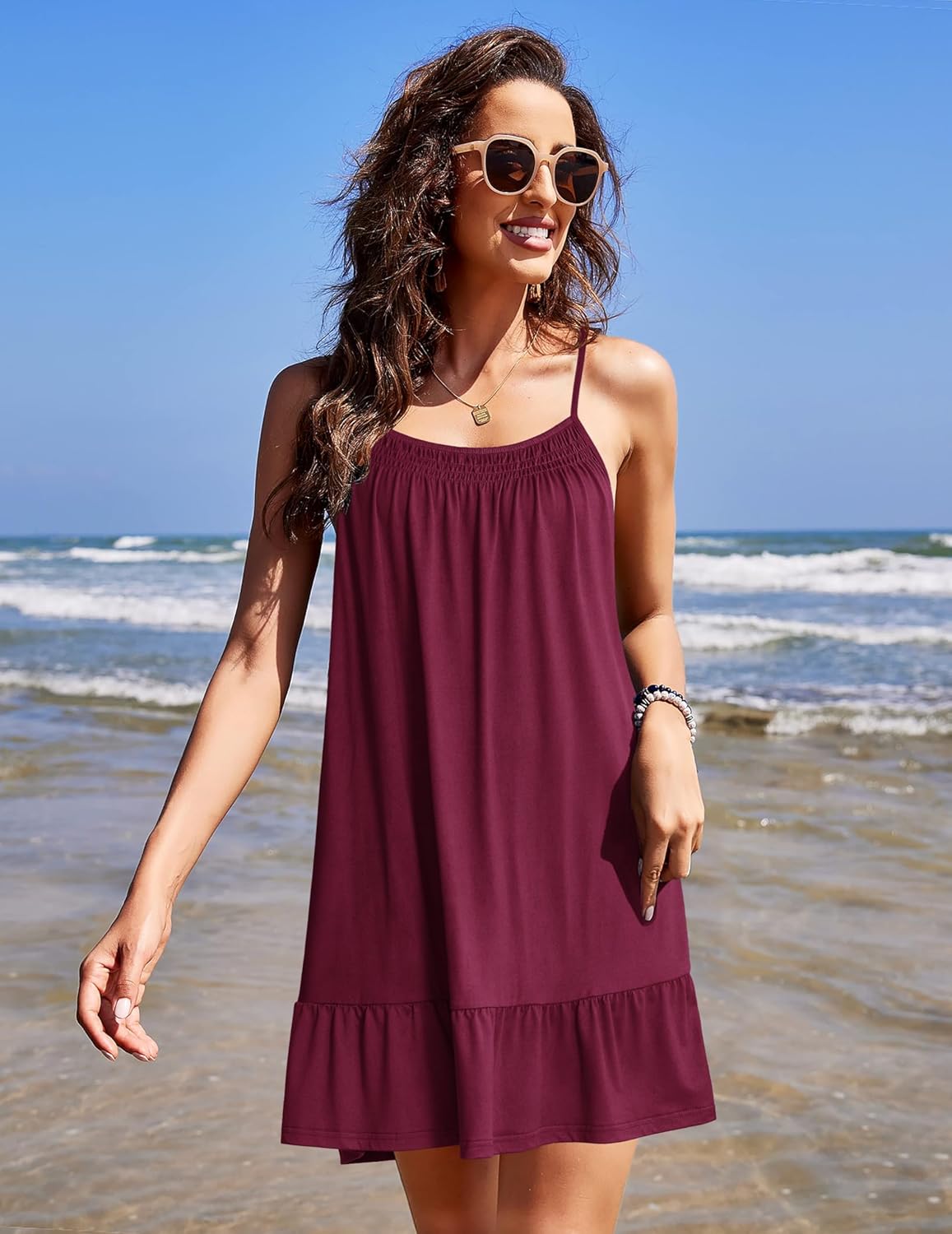 Burgundy sleeveless nightdress with gathered neckline and tiered skirt