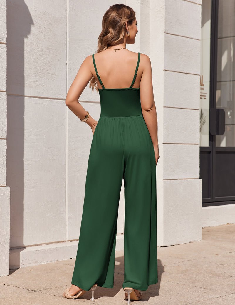 Back view olive green wide-leg strap jumpsuit romper with open-back style
