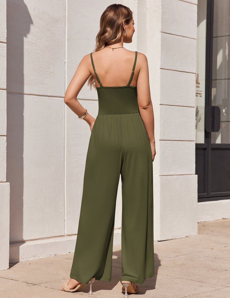 Back view of olive green sleeveless strap jumpsuit romper with wide-leg pants
