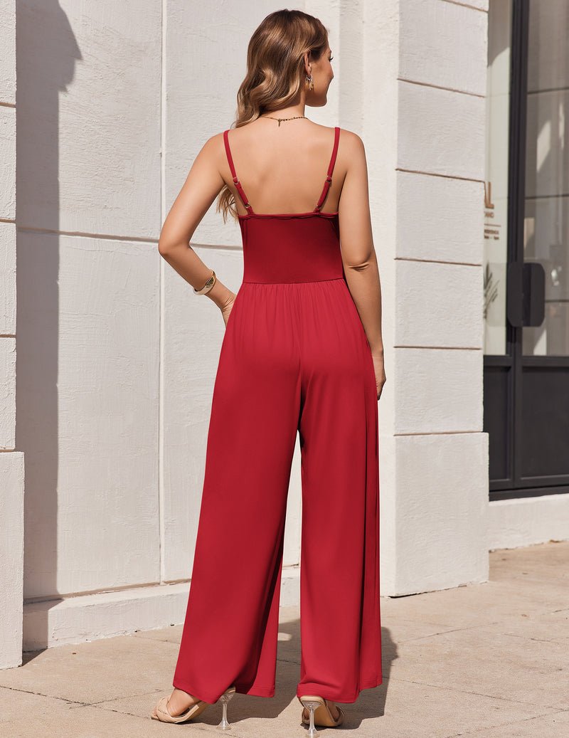 Back view of red sleeveless strap wide-leg jumpsuit romper with gathered waist