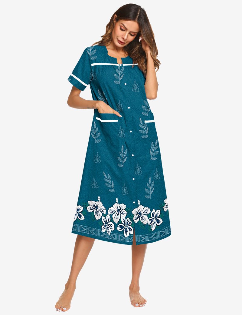 Teal blue cotton snap-front housecoat nightgown with white leaf print and pockets