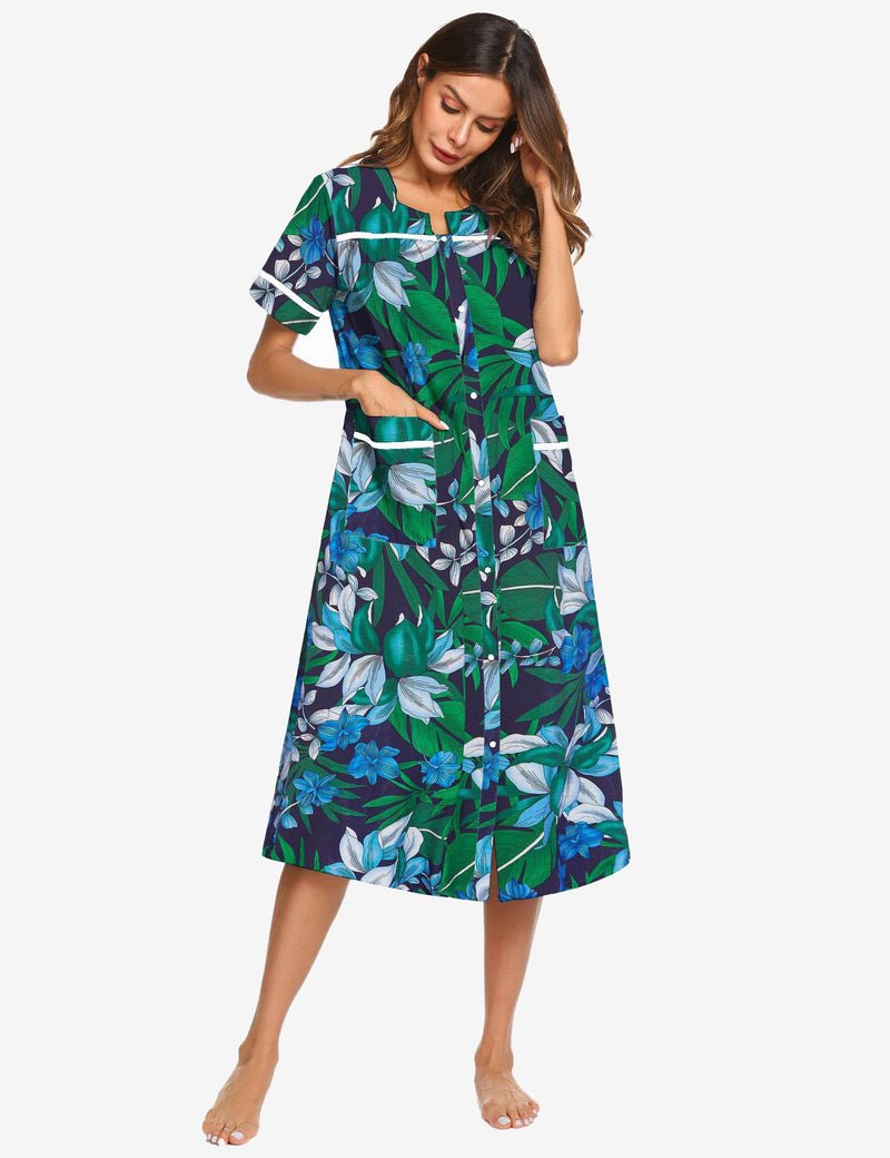 Cotton snap-front nightgown dress, dark botanical leaf print, short sleeves, knee length