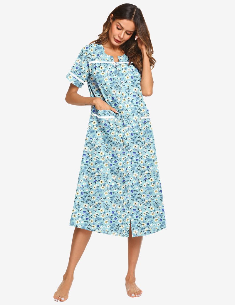 Cotton snap-front nightgown dress, light blue daisy floral print, short sleeves