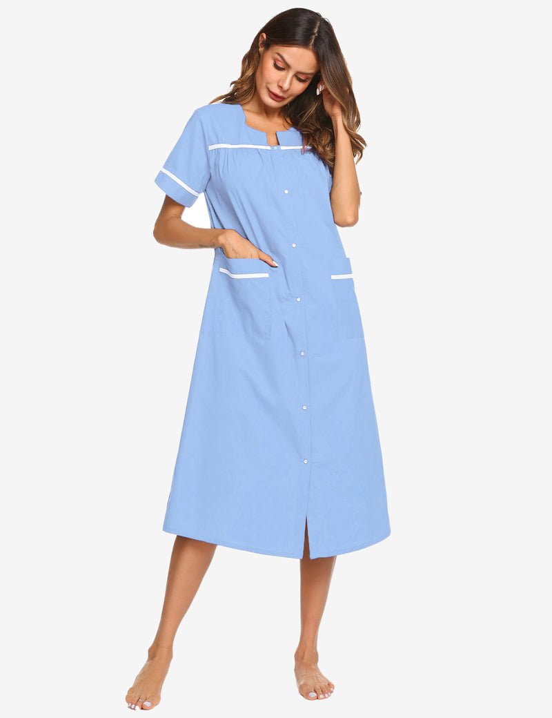 Light blue cotton snap-front housecoat nightgown with white trim and side pockets