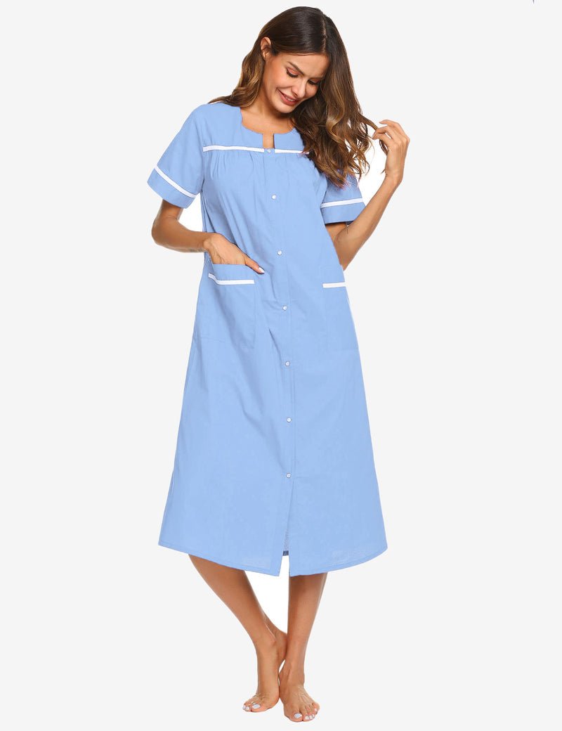 Light blue cotton snap-front nightgown with white piping and button placket