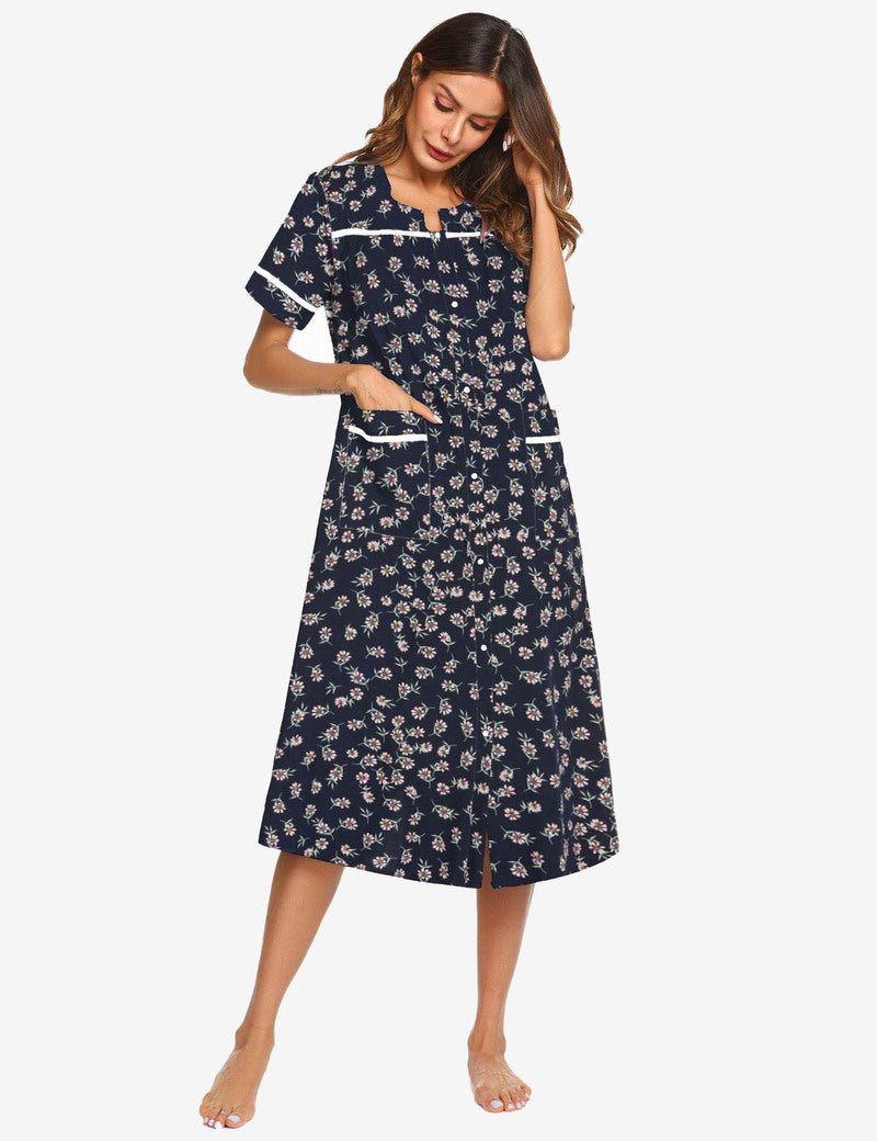 Navy cotton housecoat nightgown with small floral print, short sleeves, snap front