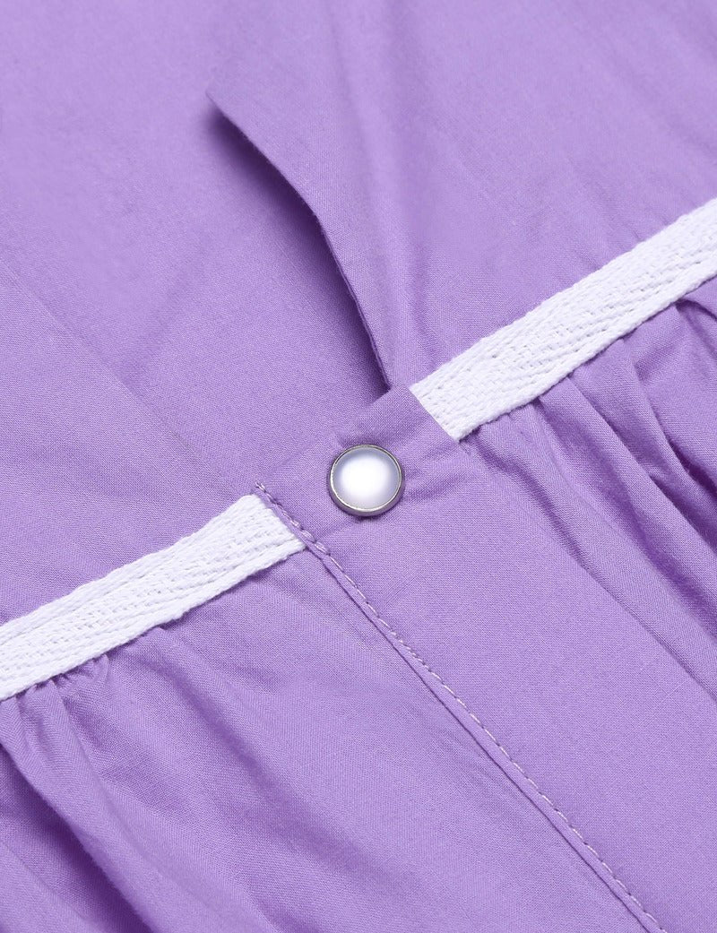 Lavender cotton nightgown close-up: round snap buttons on white-trimmed placket