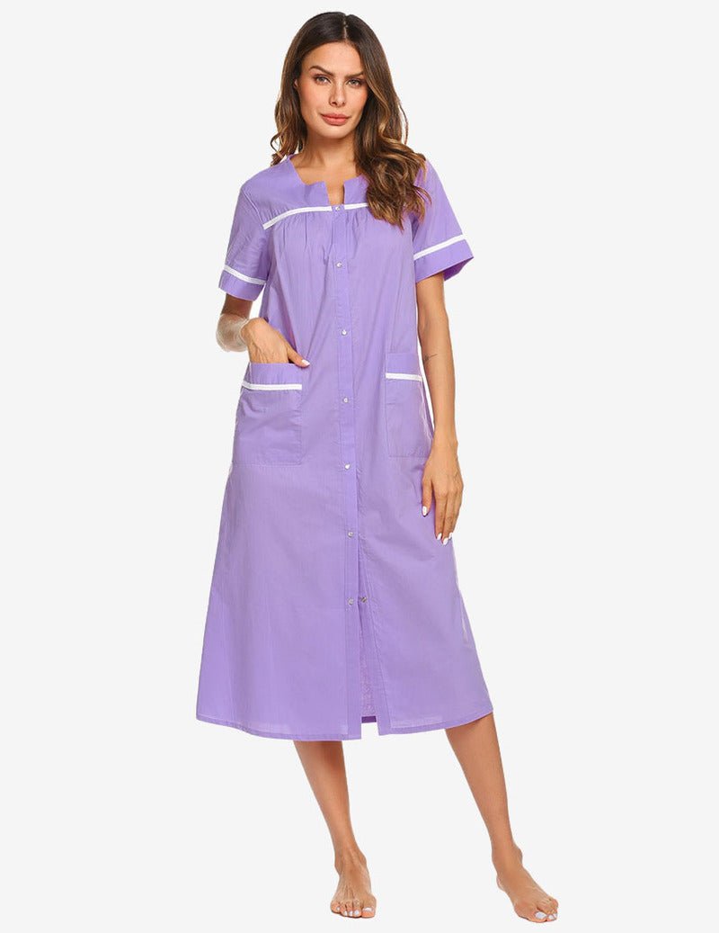 Purple cotton snap-front housecoat nightgown with white trim and central buttons
