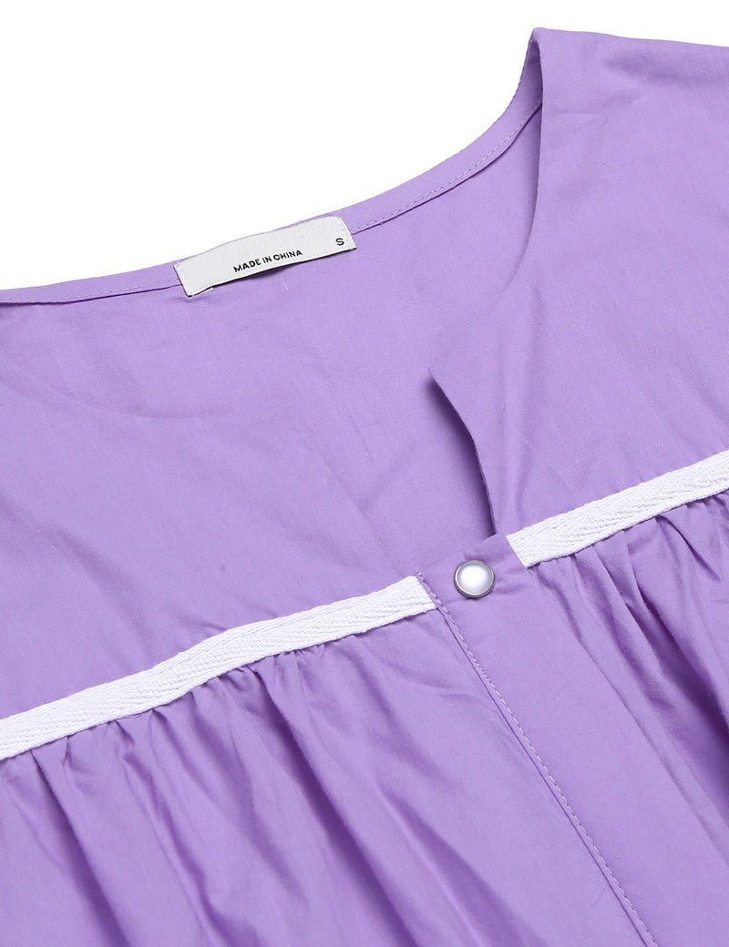 Lavender cotton nightgown close-up: button placket and white braided trim