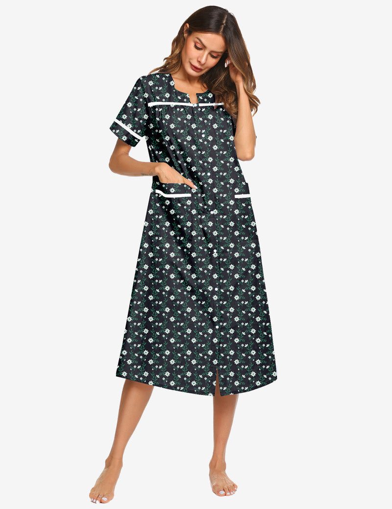 Cotton snap-front nightgown dress, navy leaf print, short sleeves, knee length