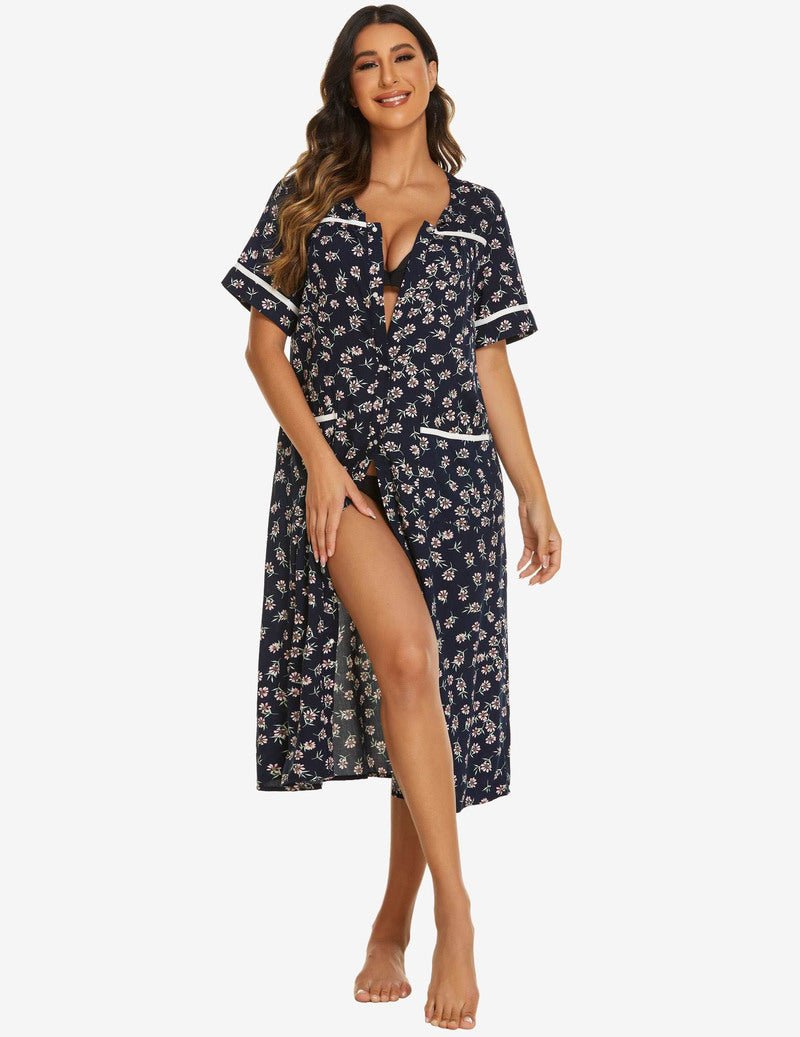 Dark navy floral cotton housecoat nightgown, short sleeves, snap front, side slit