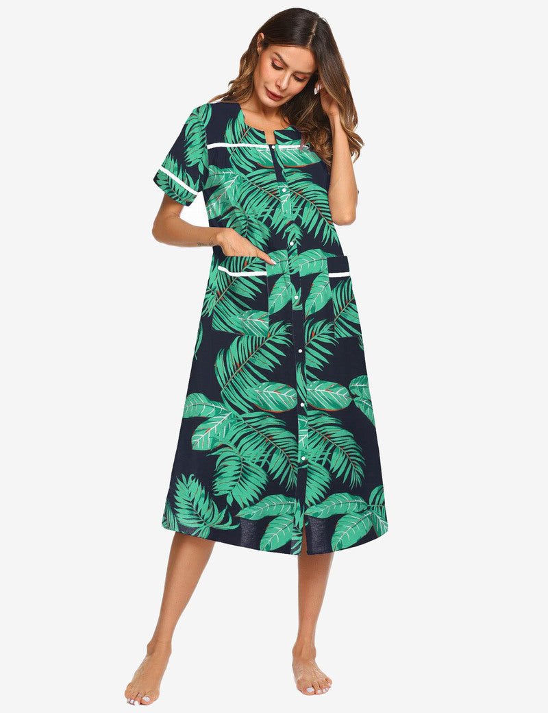 Green tropical-print cotton housecoat nightgown, short sleeves, snap front, midi length