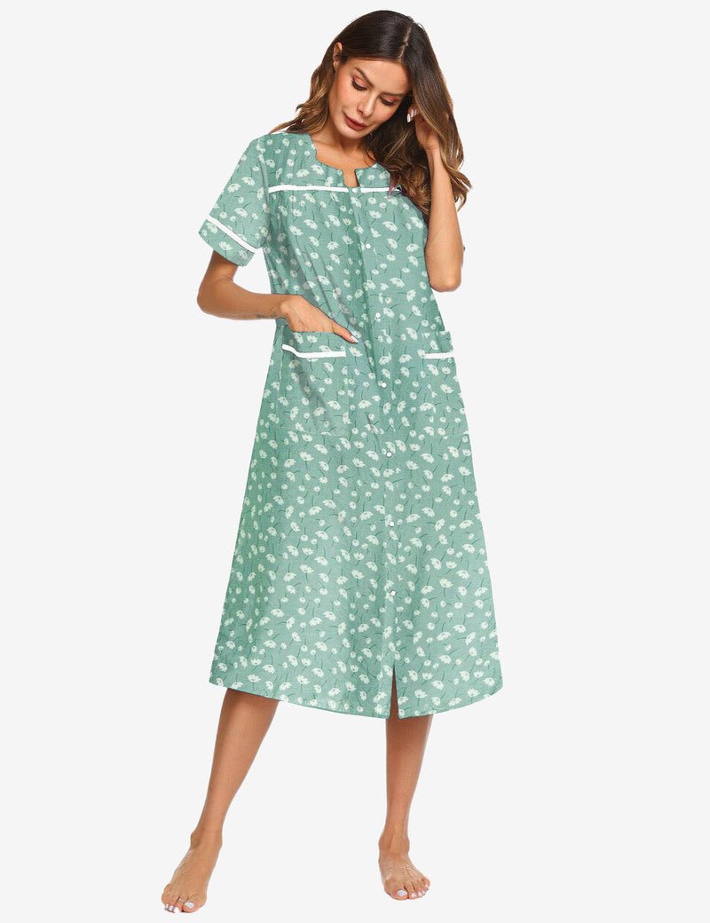 Light green dot-print cotton housecoat nightgown with short sleeves and patch pockets