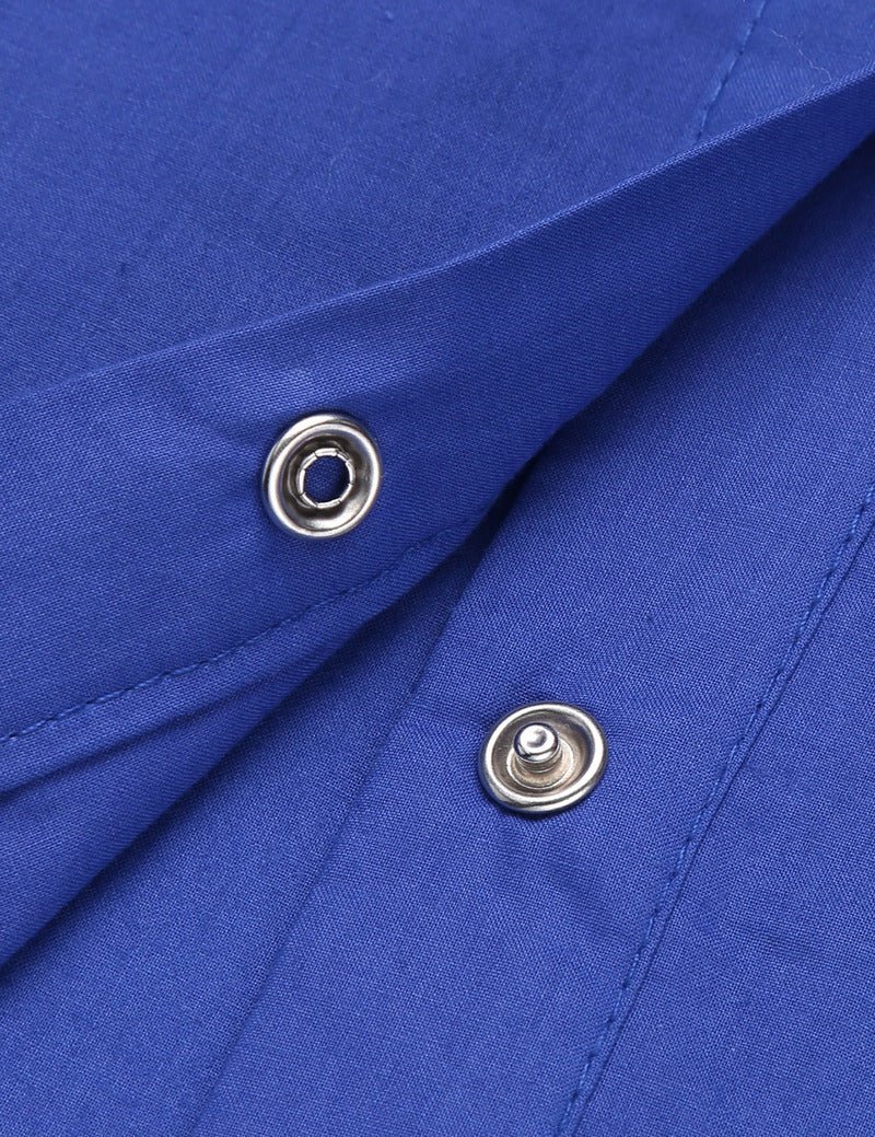 Blue snap-front placket with metal snaps and stitched white contrast trim