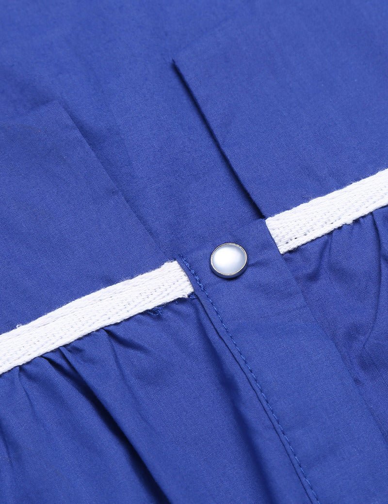 Blue nightgown snap placket with round metal button and white contrast band detail