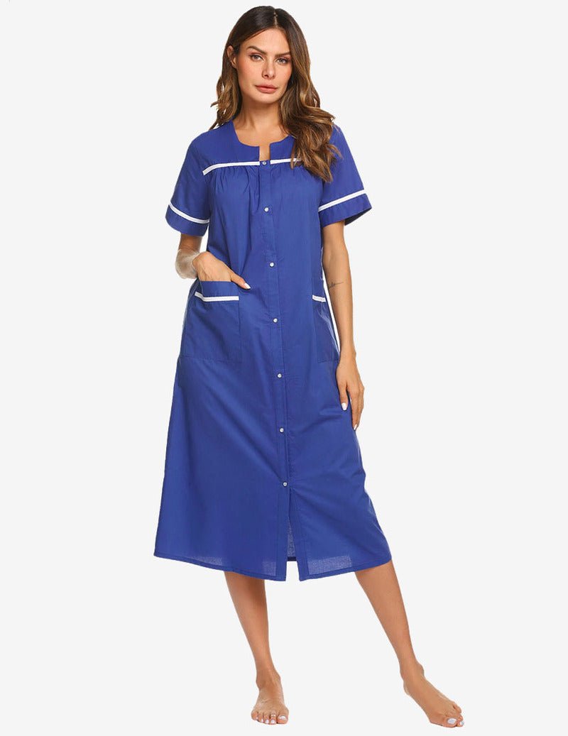 Royal blue cotton snap-front housecoat nightgown with white trim and side pockets