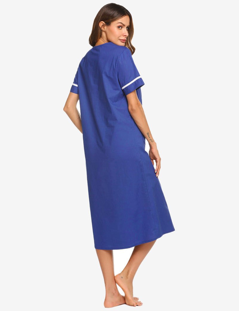 Navy snap-front cotton housecoat nightgown, short sleeves, contrast trim, midi length