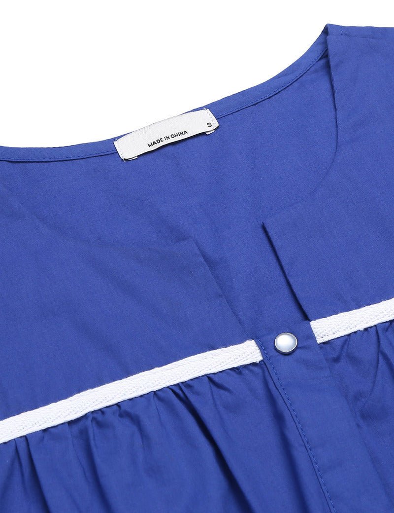 Blue cotton housecoat nightgown neckline with snap placket and white contrast trim