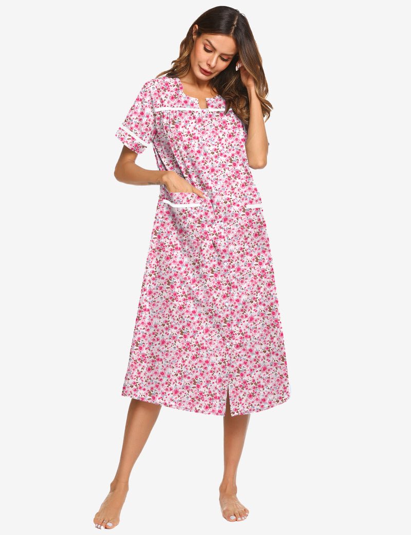 Cotton snap-front nightgown dress, pink floral print, short sleeves, knee length