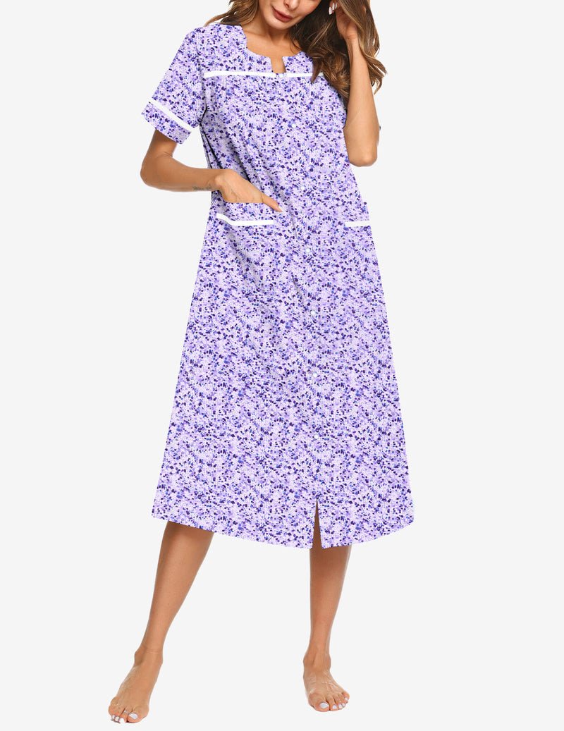 Lilac purple cotton snap-front nightgown with speckled dots, short sleeves, side slit