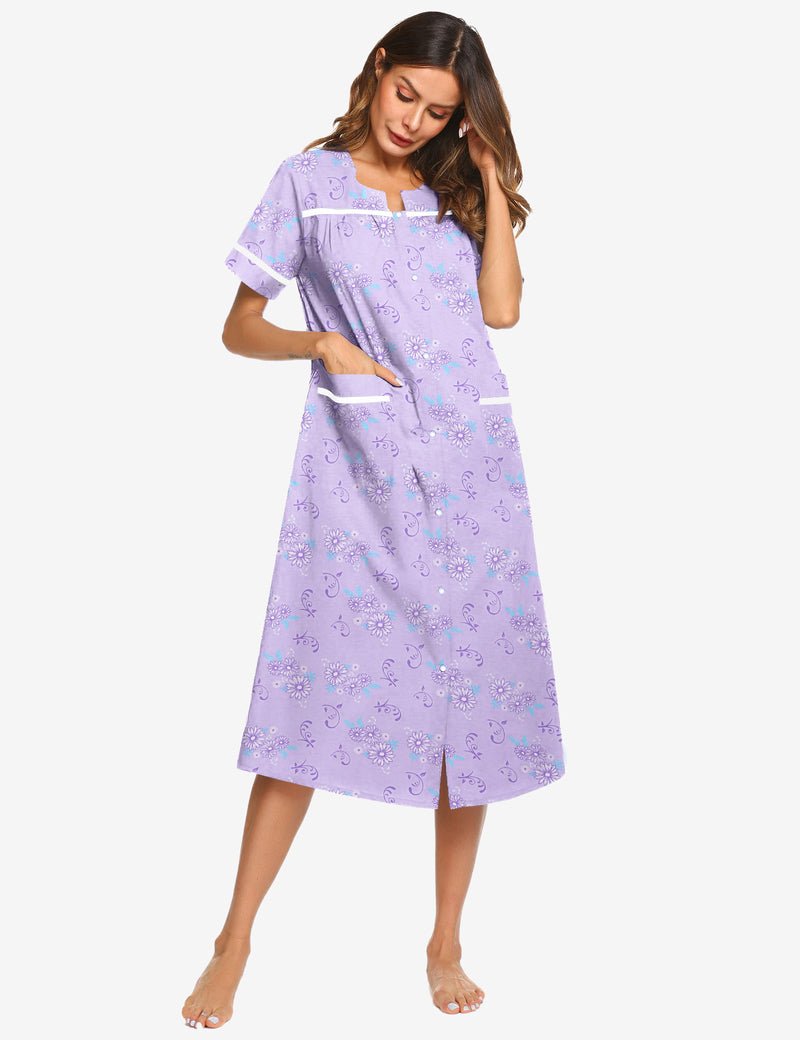 Lavender cotton snap-front nightgown with small floral print and white trim pockets